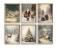 AUNMER Vintage Christmas Wall Art Prints,Retro Santa Xmas Tree Elk Snow Scene Posters,Watercolor Winter Rustic Picture Art Decor for Bedroom Living Room Gallery Office Kids Room (Xmas)