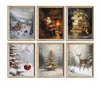 AUNMER Vintage Christmas Wall Art Prints,Retro Santa Xmas Tree Elk Snow Scene Posters,Watercolor Winter Rustic Picture Art Decor for Bedroom Living Room Gallery Office Kids Room (Xmas Colorful)