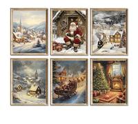 AUNMER Vintage Christmas Wall Art Prints,Retro Santa Xmas Tree Elk Snow Scene Posters,Watercolor Winter Rustic Picture Art Decor for Bedroom Living Room Gallery Office Kids Room (Vintage)