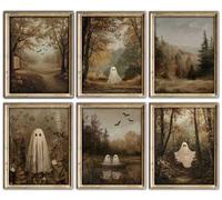 AUNMER Vintage Ghost Wall Art Prints - Set of 6 Rustic Autumn Halloween Posters, Cosy Spooky Fall Décor, Creepy Cute Ghost Pictures for Living Room, Bedroom & Gallery Wall (8x10 Inch, Unframed)