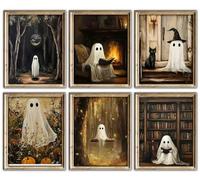 AUNMER Whimsical Ghost Wall Art Prints - Halloween, Spooky & Cottagecore 6-Piece Posters Featuring Library & Garden Scenes for Living Room, Bedroom, Office, 8×10 Inch Unframed