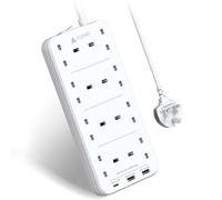 AUNNO Extension Lead with USB Slots, 8 Way Sockets Outlets with 2 USB-A Ports and 1 USB-C Ports, 1.8M Extension Cable with Switch Surge Protected Power Strips, UK Multi Plug Adapter Electrical Cords