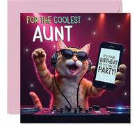 Aunt Birthday Card - Party DJ Cat - Happy Birthday Card for Aunt from Nephew Niece, 145mm deejay cat Bday Greeting Cards