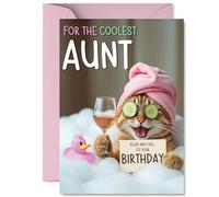 Aunt Birthday Card - Relaxing Bath Cat - Happy Birthday Card for Aunt from Nephew Niece, A5 Joke Humour Bday Greeting Cards