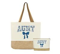 Aunt Gifts, Auntie Gifts, Aunt Bag, Gift for Aunts, Birthday Christmas Retirement Appreciation Gift for Women Aunts Auntie Her Wife, Reusable Blue Bow Floral Tote Bags and Makeup Bags With Zipper