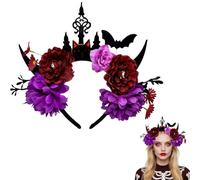 Aunthvra Halloween Floral Headbands - Purple Mexican Day of the Dead Flowers Crown Headpiece - Bats Devil Horns Hair Accessories for Halloween Party Favor Costume Cosplay Supplies
