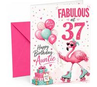 Auntie 37th Birthday Card Flamingo on Roller Skates & Balloons | Large A5 Card with Printed Inside Message; Cheerful flamingo-on-roller-skates with heart sunglasses for Auntie 37th Birthday