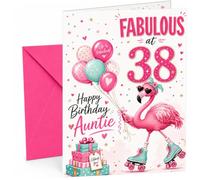 Auntie 38th Birthday Card Flamingo on Roller Skates & Balloons | Large A5 Card with Printed Inside Message; Playful pink flamingo on roller skates with balloons for Auntie 38th Birthday