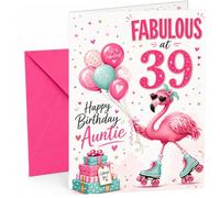 Auntie 39th Birthday Card Flamingo on Roller Skates & Balloons | Large A5 Card with Printed Inside Message; Bright “Fabulous at 39” for Auntie 39th Birthday