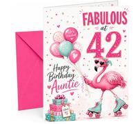 Auntie 42nd Birthday Card Fabulous Flamingo on Roller Skates | Large A5 Card with Printed Inside Message; Cheerful pink flamingo in heart sunglasses for Auntie 42nd Birthday