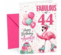 Auntie 44th Birthday Card Fabulous Flamingo on Roller Skates | Large A5 Card with Printed Inside Message; Cheerful pink flamingo on roller skates with balloons for Auntie 44th Birthday