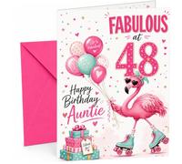 Auntie 48th Birthday Card Flamingo on Roller Skates & Balloons | Large A5 Card with Printed Inside Message; Features a roller-skating flamingo in heart sunglasses for Auntie 48th Birthday