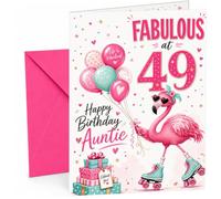 Auntie 49th Birthday Card Flamingo on Roller Skates & Balloons | Large A5 Card with Printed Inside Message; Flamingo on Roller Skates & Balloons for Auntie 49th Birthday