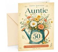 Auntie 50th Birthday Card Watering Can Wildflower Bouquet | Large A5 Card with Printed Inside Message; Vintage teal watering can filled with daisies for Auntie 50th Birthday