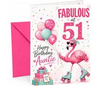 Auntie 51st Birthday Card Flamingo on Roller Skates & Balloons | Large A5 Card with Printed Inside Message; Cheerful flamingo-on-roller-skates with confetti, gifts for Auntie 51st Birthday