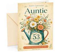 Auntie 53rd Birthday Card Watering Can Wildflower Bouquet | Large A5 Card with Printed Inside Message; Vintage teal watering can filled with wildflowers for Auntie 53rd Birthday