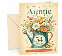 Auntie 54th Birthday Card Floral Watering Can Bouquet | Large A5 Card with Printed Inside Message; Vintage teal watering can filled with wildflowers for Auntie 54th Birthday