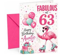 Auntie 63rd Birthday Card Flamingo on Roller Skates & Balloons | Large A5 Card with Printed Inside Message; Playful pink flamingo on roller skates with balloons for Auntie 63rd Birthday