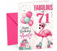 Auntie 71st Birthday Card Flamingo on Roller Skates & Balloons | Large A5 Card with Printed Inside Message; Cheerful pink flamingo on roller skates with balloons for Auntie 71st Birthday