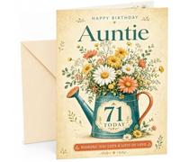 Auntie 71st Birthday Card Watering Can Wildflower Bouquet | Large A5 Card with Printed Inside Message; Vintage teal watering can filled with wildflowers for Auntie 71st Birthday