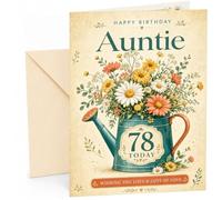 Auntie 78th Birthday Card Watering Can Wildflower Bouquet | Large A5 Card with Printed Inside Message; Teal watering can packed with wildflowers and daisies for Auntie 78th Birthday