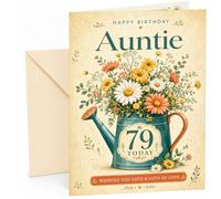 Auntie 79th Birthday Card Watering Can Daisy Bouquet | Large A5 Card with Printed Inside Message; Vintage teal watering can filled with daisies for Auntie 79th Birthday