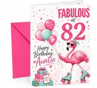 Auntie 82nd Birthday Card Flamingo on Roller Skates & Balloons | Large A5 Card with Printed Inside Message; Playful flamingo on roller skates with balloons, confetti for Auntie 82nd Birthday