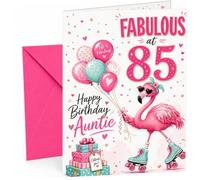 Auntie 85th Birthday Card Flamingo on Roller Skates & Balloons | Large A5 Card with Printed Inside Message; Playful pink flamingo in heart sunglasses for Auntie 85th Birthday