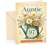 Auntie 97th Birthday Card Floral Watering Can Bouquet | Large A5 Card with Printed Inside Message; Teal watering can packed with colourful wildflowers for Auntie 97th Birthday