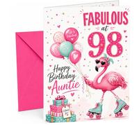 Auntie 98th Birthday Card Flamingo on Roller Skates & Balloons | Large A5 Card with Printed Inside Message; Bright pink flamingo in heart sunglasses for Auntie 98th Birthday