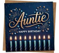 Auntie Birthday Card 145mm x 145mm with Kraft Envelope - Navy and Gold Script, Candles & Fireworks Design - Happy Birthday Greeting Card for Aunt, Square