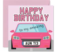 Auntie Birthday Card - Car Number Plate - Happy Birthday Card for Auntie from Nephew Niece, 145mm Car Number Plate Pink Bday Greeting Cards