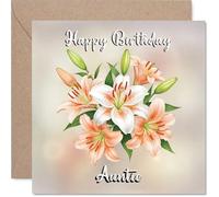 Auntie Birthday Card - Floral Flowers - Happy Birthday Card for Auntie from Nephew Niece, 145mm Lilies Bday Greeting Cards
