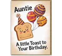 Auntie Birthday Card Funny Pun - “A Little Toast to Your Birthday” Cute Toast & Balloons - Large A5 Size Greeting Card with Kraft Envelope for Aunt, Women