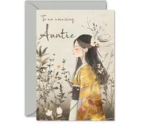Auntie Birthday Card - Gold Geisha Girl - Beautiful Happy Birthday Card for Auntie from Niece Nephew, A5 Female Oriental Bday Golden Greeting Cards