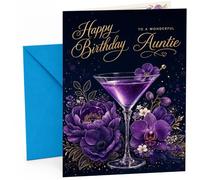 Auntie Birthday Card Purple Cocktail Martini Glass and Flowers | Large A5 Card with Printed Inside Message; Dark navy with script lettering, a purple martini cocktail for Auntie Birthday