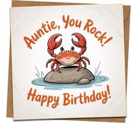 Auntie Birthday Card - You Rock Crab Design, Funny Square Greeting - 145mm x 145mm - Includes Kraft Envelope - For Aunt, Aunty, Auntie