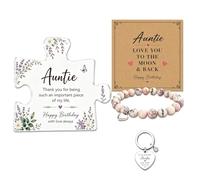 Auntie Birthday Gifts, Acrylic Puzzle Plaque & Auntie Bracelet - 3 Pcs | Acrylic plaque, jasper bead bracelet, steel keychain, ideal gifts for auntie or practical presents for auntie.