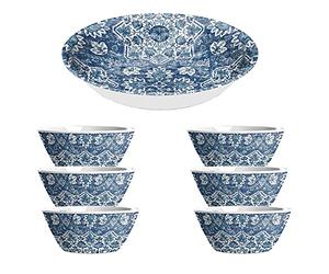Auntie Morags Atlantic Blue - Melamine/Plastic 1 x Salad Serving Bowl & 6 x Low Bowls
