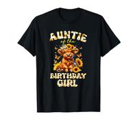 Auntie of The Birthday Girl Highland Cow Print Sunflower T-Shirt