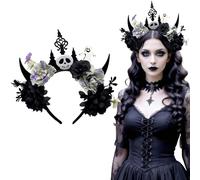 AUOCATTAIL Halloween Devil Horns Flowers Crown Headband Day of the Dead Floral Headpiece for Women Halloween Makeup Party (Black)