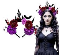 AUOCATTAIL Halloween Devil Horns Flowers Crown Headband Day of the Dead Floral Headpiece for Women Halloween Makeup Party (Purple)