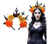 AUOCATTAIL Halloween Devil Horns Flowers Crown Headband Day of the Dead Floral Headpiece for Women Halloween Makeup Party (Orange)