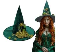 AUOCATTAIL Halloween Green Witch Hat Large Vine Rose Floral Decor Wizard Hats for Women Girls Halloween Christmas Carnival Party Cosplay Costume Headwear Accessory