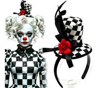 AUOCATTAIL Mini Top Hat Headband for Women Black White Checkered Clown Headband with Feathers Red Flower Funny Crazy Hats for Adults Men Halloween Cosplay Costume Accessories