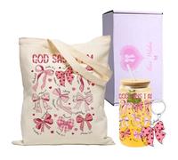 AUOIAJAS 3 Pcs Christian Gift for Women, Pink Bow Canvas Tote Bag, Religious Cute Bows Glass Cup with Lid & Bow Keychain, Religious Gift for Women, Girl, Mother, Bridesmaid, Birthday, Wedding