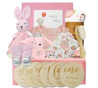 Auoketuo Baby Gift for Birth 15-in-1 Baby Gift Set - Includes Blanket, Teething Cloth, Wooden Rattle with Rabbit Pendant, Bib, Socks, and Keepsake Box (Rabbit)