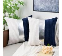 Auomily Navy Blue and Cream White Boho Striped Corduroy Throw Pillow Covers with Silver Leather Patchwork 20x20 Inch, Pack of 2, Double-Sided, Soft Spring Decorative Pillows for Couch and Living Room