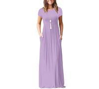AUOMITH Women 2025 Summer Short Sleeve Long Casual Empire High Waist Maxi Dress with Pockets, Lavender, XXL