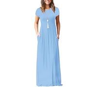 AUOMITH Women’s Long/Short Sleeve Loose Plain Maxi Casual Empire Waist Long Dresses with Pockets, Light Blue, 3XL